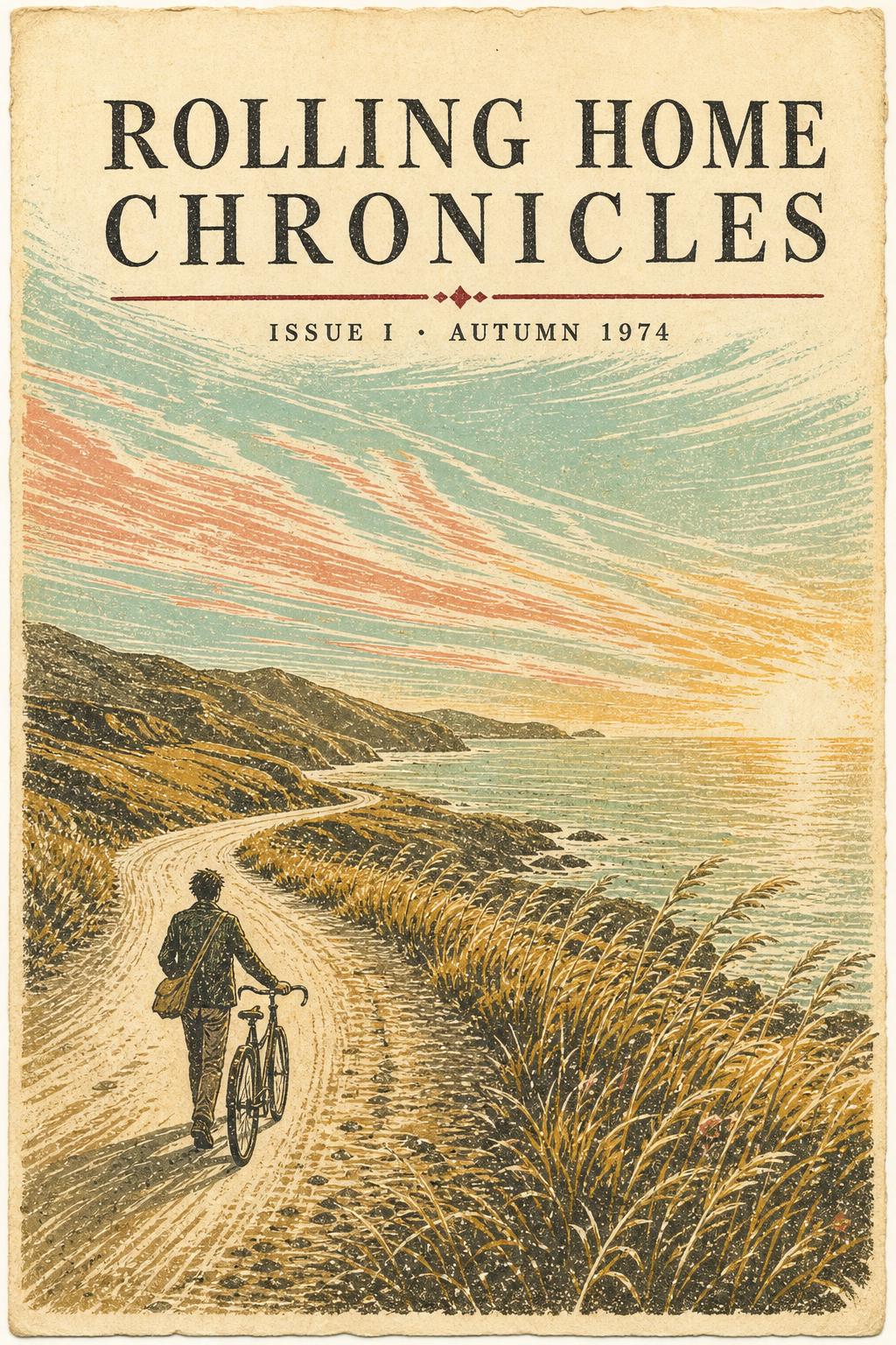 Cover of Rolling Home Chronicles, Issue No. I, Autumn 1974 — a lone traveler with a bicycle on a winding coastal road, golden light, vast open sky.